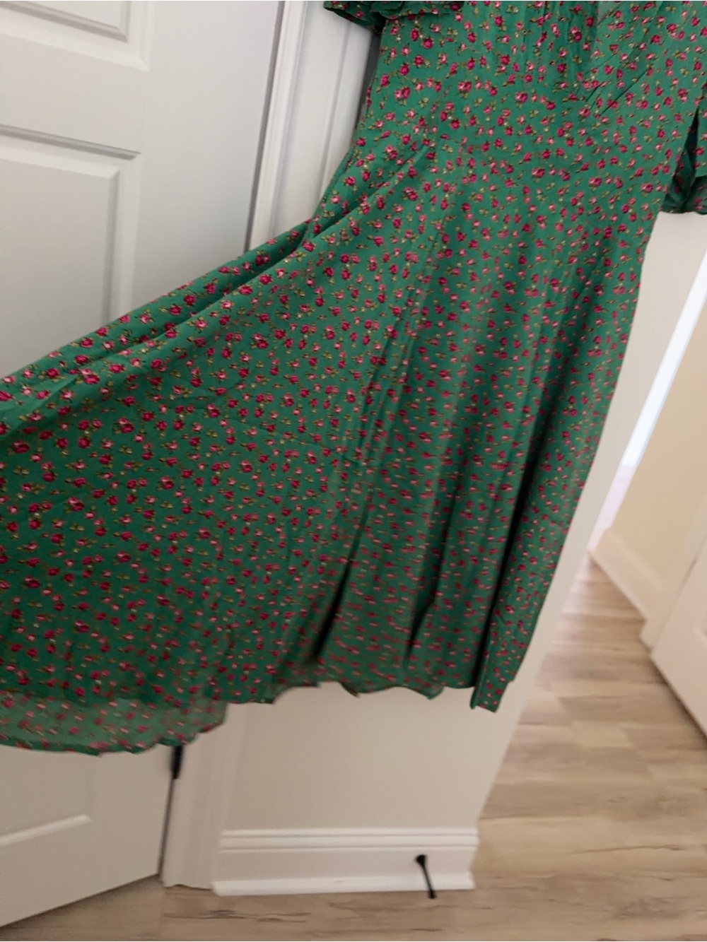 Green Midi Dress with Pink Floral Print by - Picture 7 of 12